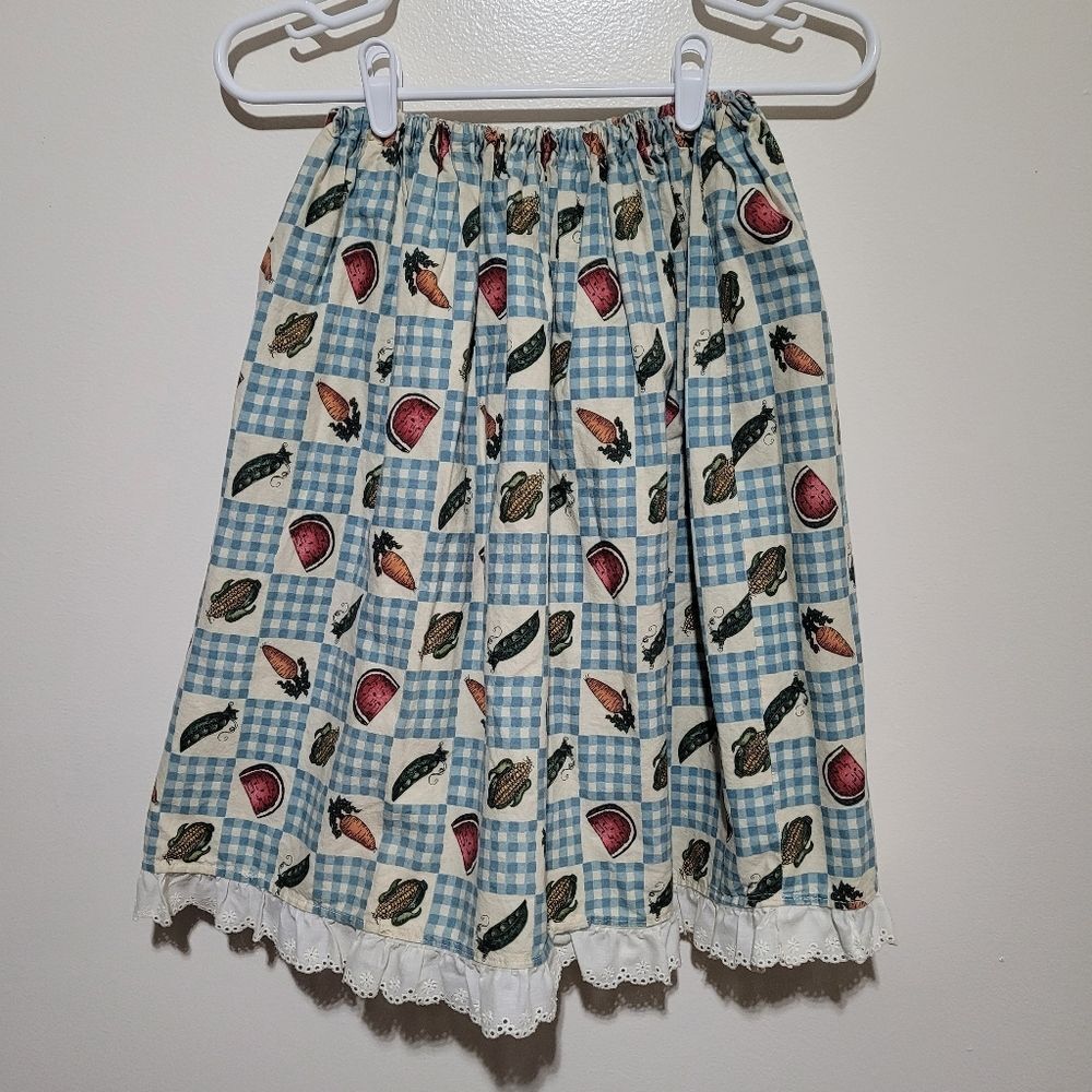 OOAK Vintage Blue Checkered Skirt with Fruit‎ Print